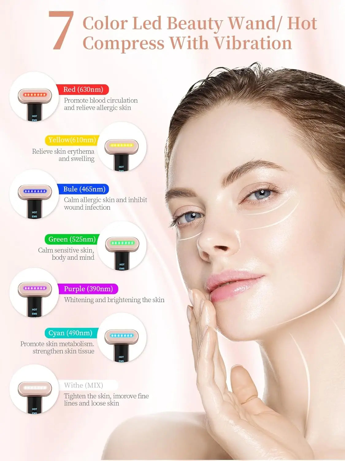 7-In-1 Red Light Therapy Wand for Face & Neck | Beauty Device with Galvanic Current, Massager & Warmth | Anti-Aging, Wr
